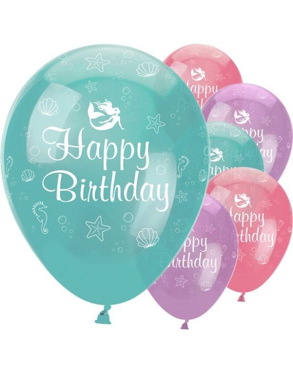 Mermaid Shine &#039;Happy Birthday&#039; Latex Balloons - 12&quot; (6pk)