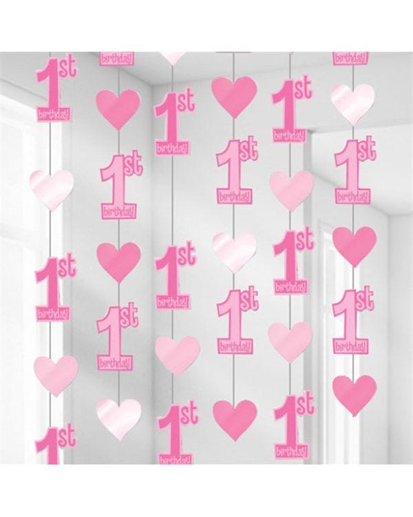 Pink 1st Birthday String Decoration (6pk)