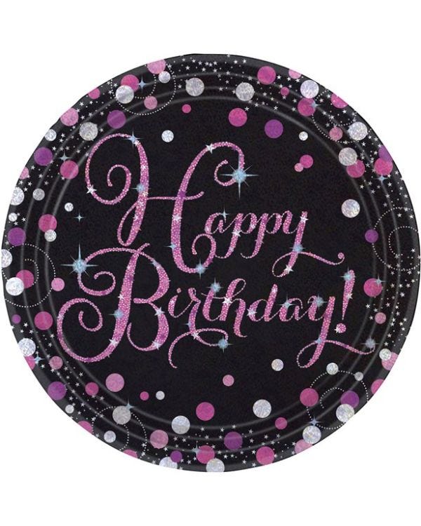 Pink Happy Birthday Holographic Paper Plates - 23cm (8pk)