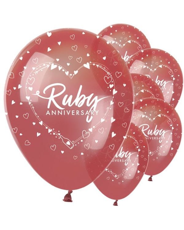 40th Ruby Wedding Anniversary Balloons - 12&quot; Latex (6pk)