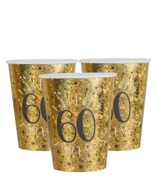 Sparkling Gold 60th Paper Cups - 270ml (10pk)