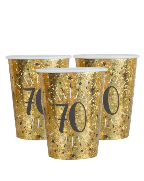 Sparkling Gold 70th Paper Cups - 270ml (10pk)