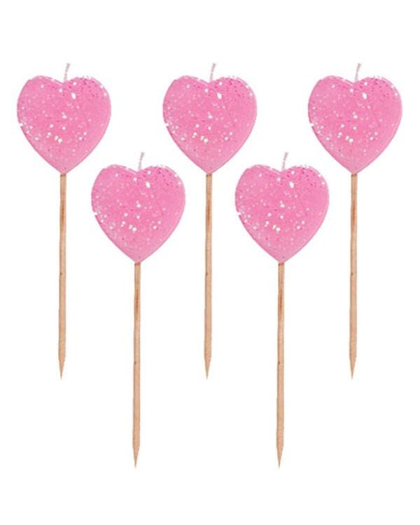 Pink Glitter Heart Pick Candles (10pk)