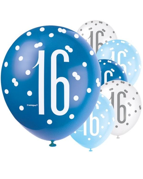 Blue Number 16 Latex Balloons - 12&quot; (6pk)