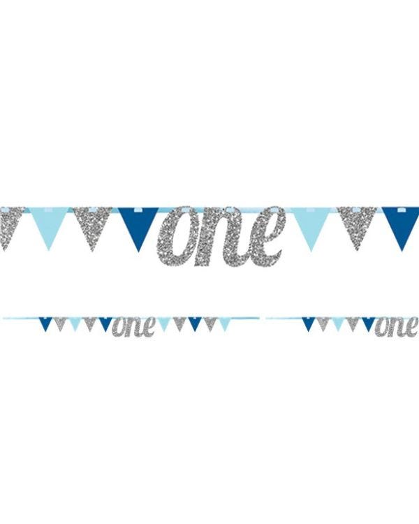 Age One Blue &amp; Silver Glitter Bunting - 2.7m