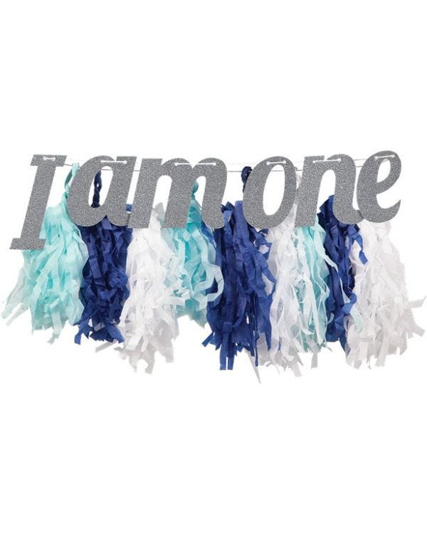 I Am One Blue &amp; Silver Glitter High Chair Decoration - 87cm
