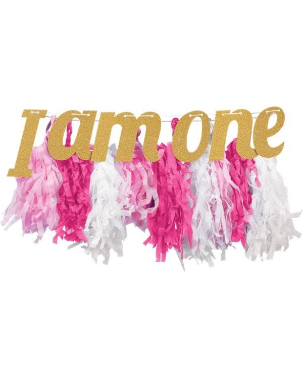 I Am One Pink &amp; Gold Glitter High Chair Decoration - 87cm