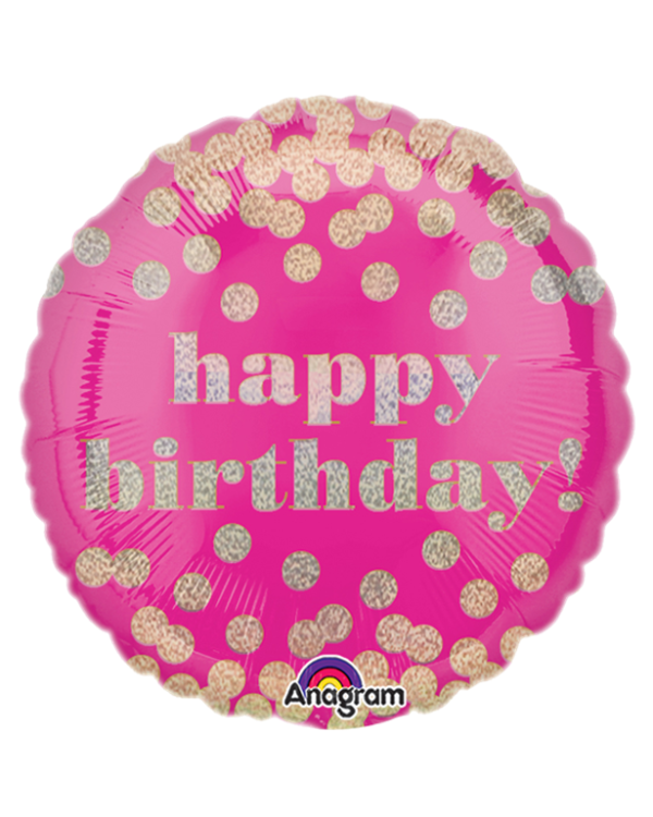 Happy Birthday Pink Dotty Holographic Balloon - 18&quot; Foil