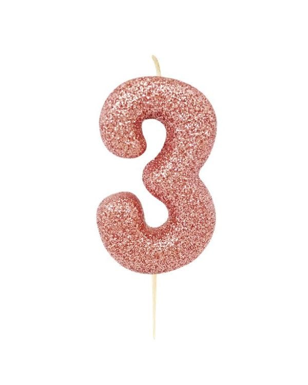 Rose Gold Glitter Number 3 Candle - 7cm