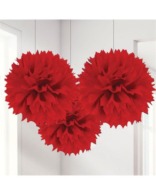 Red Pom Pom Decorations - 40cm (3pk)
