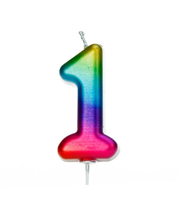 Rainbow Metallic Number 1 Candle - 7cm