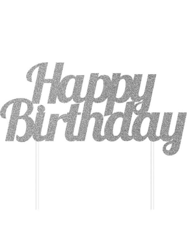 Happy Birthday Silver Glitter Cake Topper - 17cm