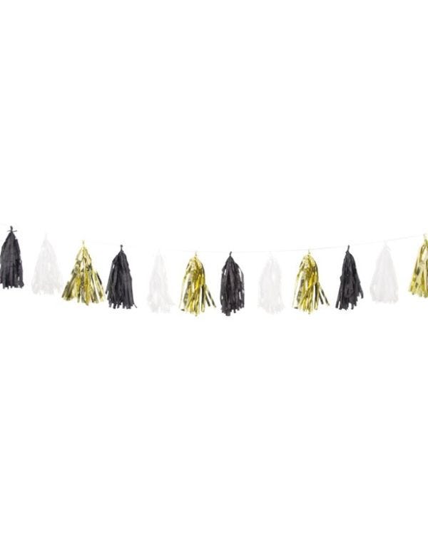 Black, Gold &amp; White Tassel Garland Decoration - 2.7m