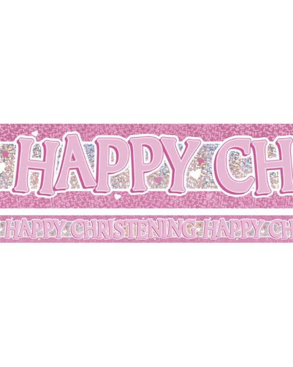 Pink &#039;Happy Christening&#039; Holographic Foil Banner - 3.7m