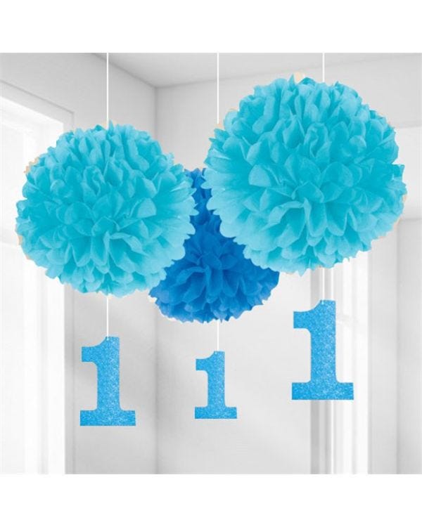 Boy&#039;s 1st Birthday Pom Pom Decorations - 40cm (3pk)
