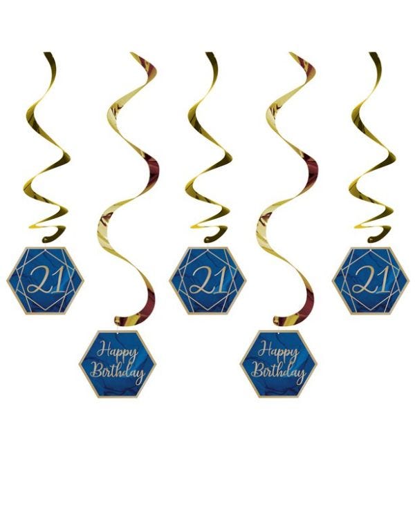 21st Birthday Navy &amp; Gold Geode Hanging Swirls (5pk)