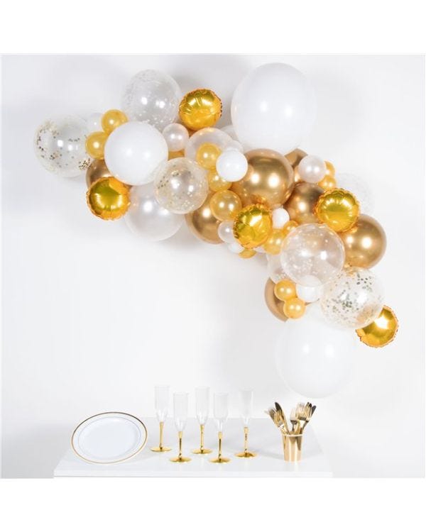 Gold &amp; White Balloon Arch Garland - 66 Balloons