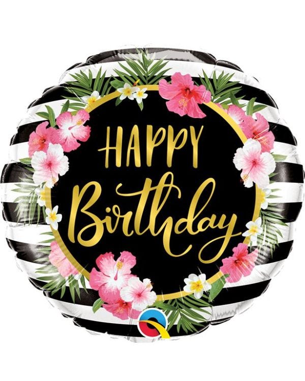 Birthday Hibiscus Flower &amp; Stripes Foil Balloon - 18&quot; Balloon
