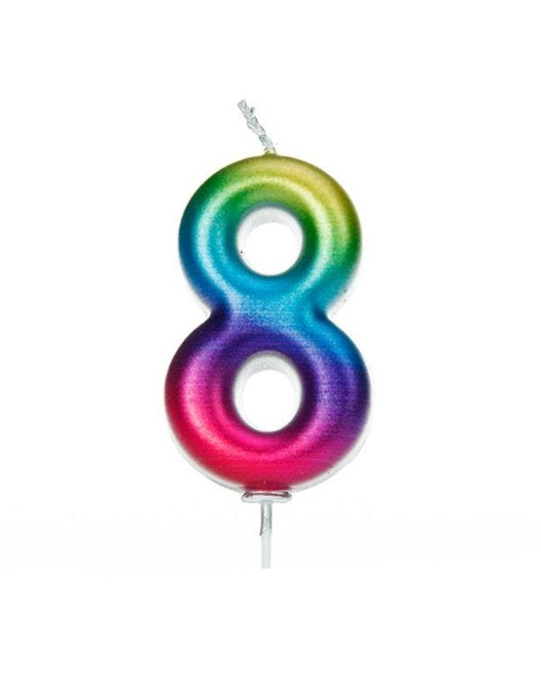 Rainbow Metallic Number 8 Candle - 7cm