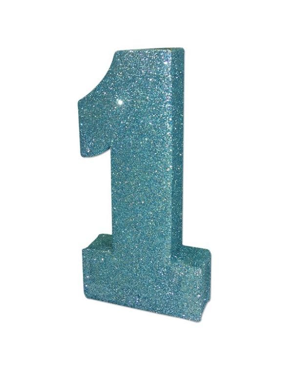 Age 1 Baby Blue Glitter Table Decoration - 20cm
