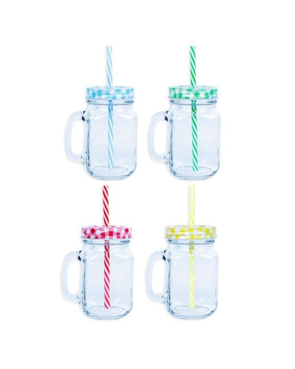Mason Jars with Straws - 450ml Assorted Colours