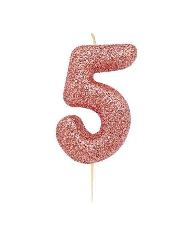 Rose Gold Glitter Number 5 Candle - 7cm