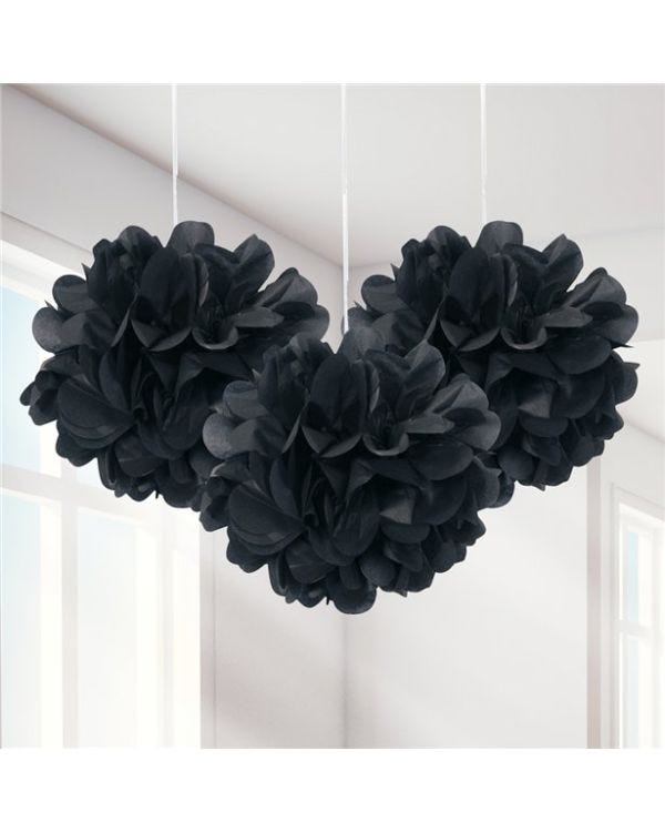 Black Pom Pom Decorations - 23cm (3pk)