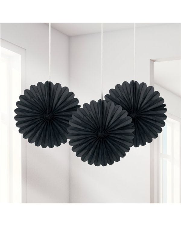 Black Mini Paper Fan Decorations - 15cm (3pk)