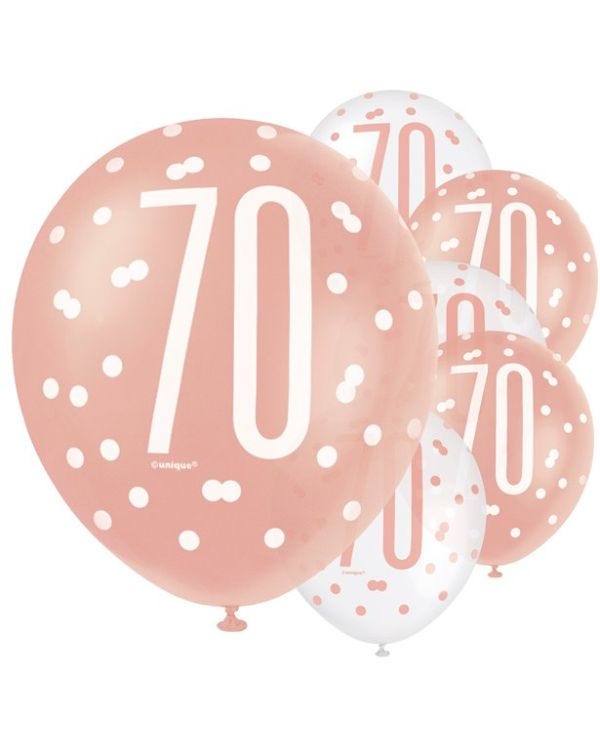Rose Gold Glitz 70th Birthday Balloons - 12&quot; Latex (6pk)