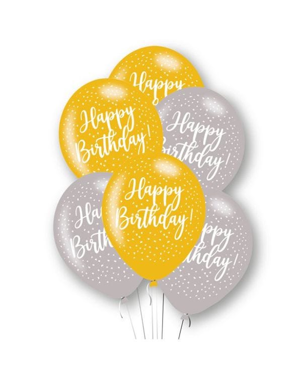 Happy Birthday Gold &amp; Silver Latex Balloons - 11&quot; (6pk)