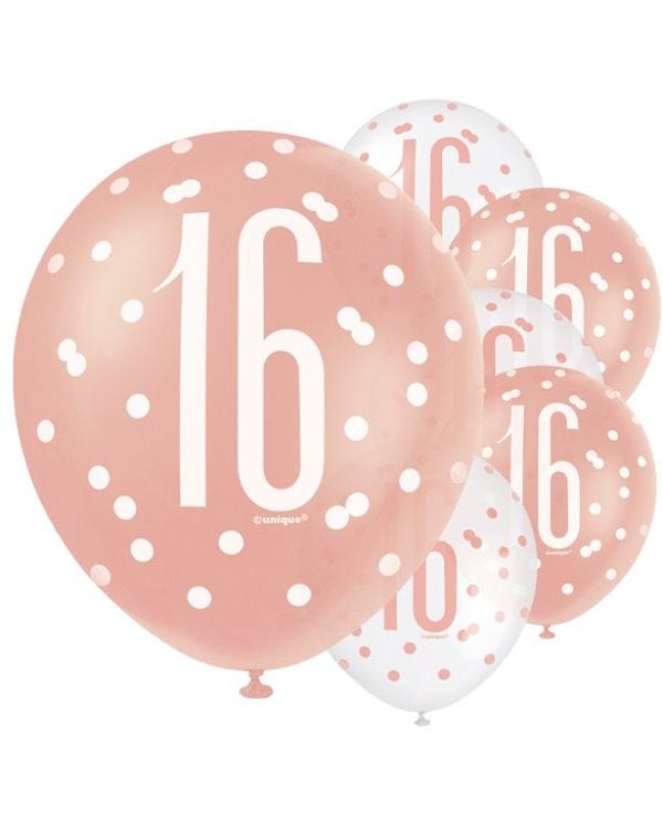 Rose Gold Glitz 16th Birthday Balloons - 12&quot; Latex (6pk)
