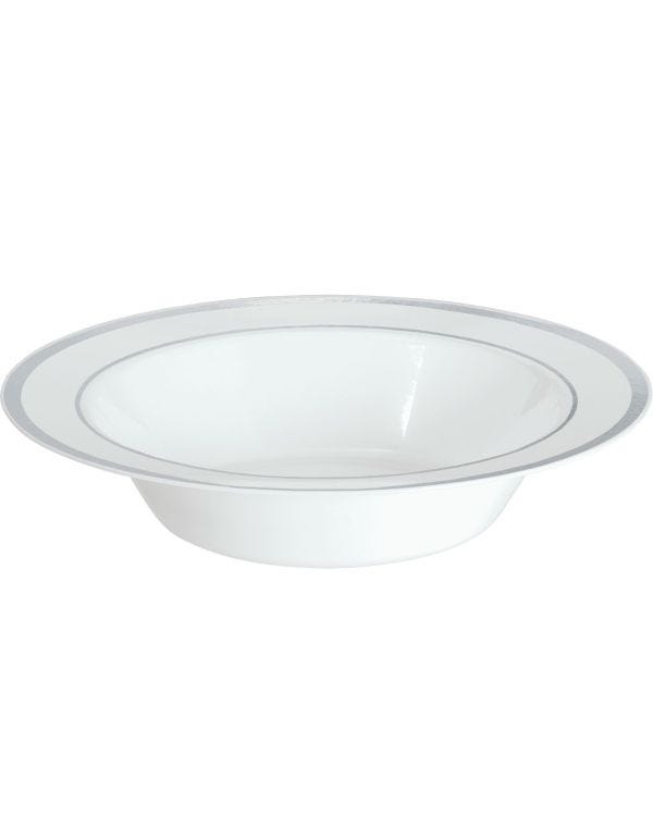 Premium White with Silver Trim Plastic Bowls - 340ml (10pk)