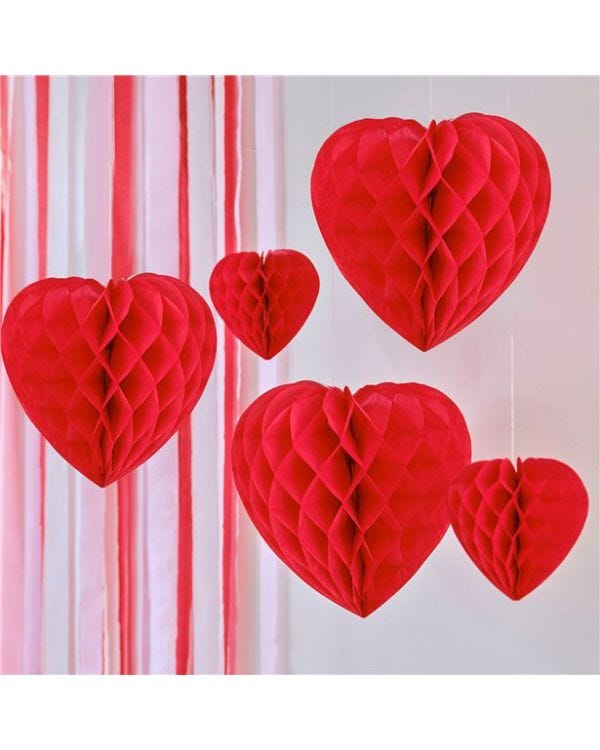 Pink &amp; Red Heart Honeycomb Decorations (6pk)